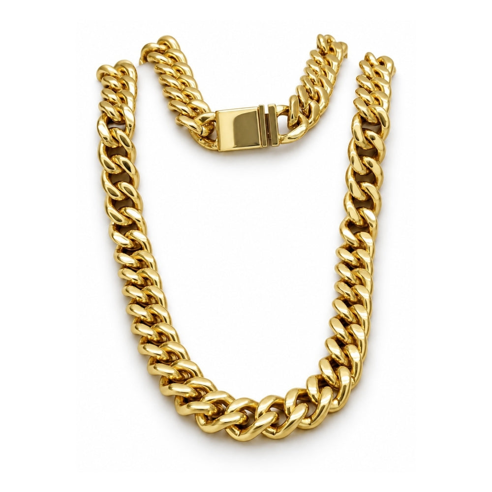 Stainless Steel Necklace and Bracelet, Miami Cuban and Box Lock Design, Polished, Golden Finish