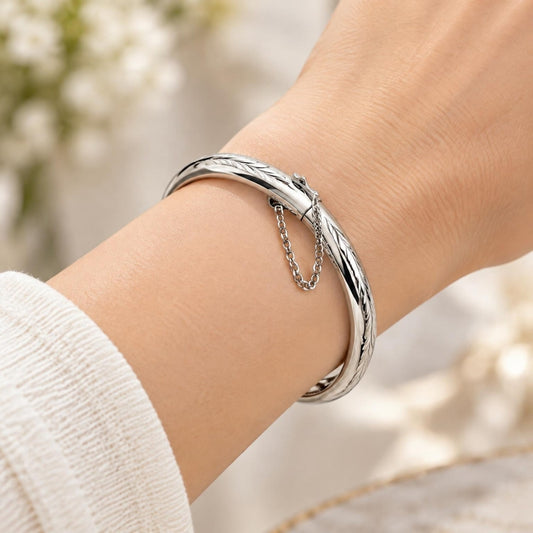 White Gold Filled Individual Bangle, Diamond Cutting Finish, Rhodium Finish