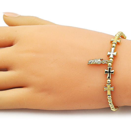 Oro Laminado Adjustable Bolo Bracelet, Gold Filled Style San Judas and Cross Design, Polished, Golden Finish
