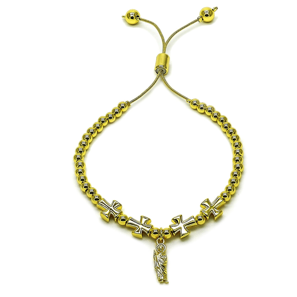 Oro Laminado Adjustable Bolo Bracelet, Gold Filled Style San Judas and Cross Design, Polished, Golden Finish