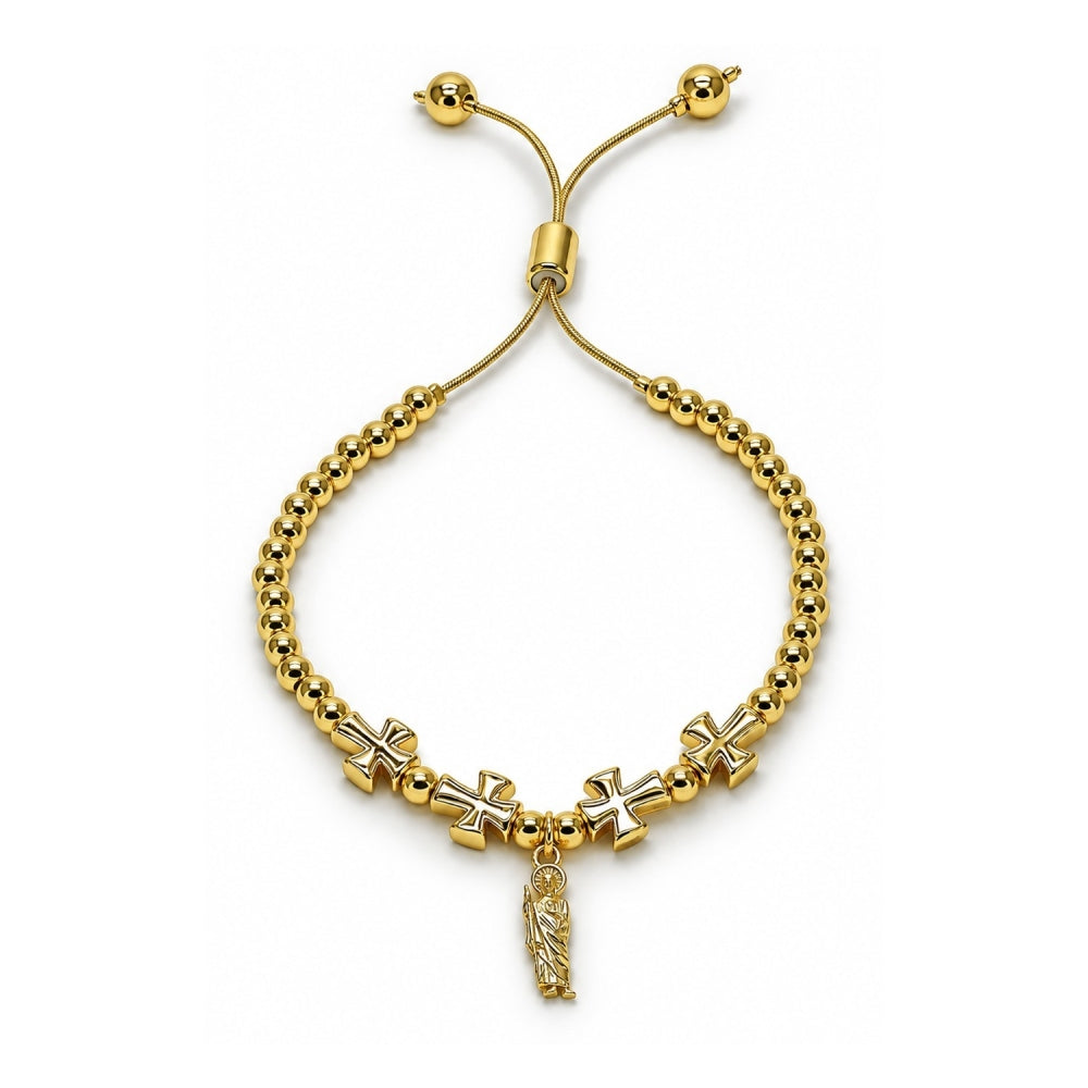 Oro Laminado Adjustable Bolo Bracelet, Gold Filled Style San Judas and Cross Design, Polished, Golden Finish