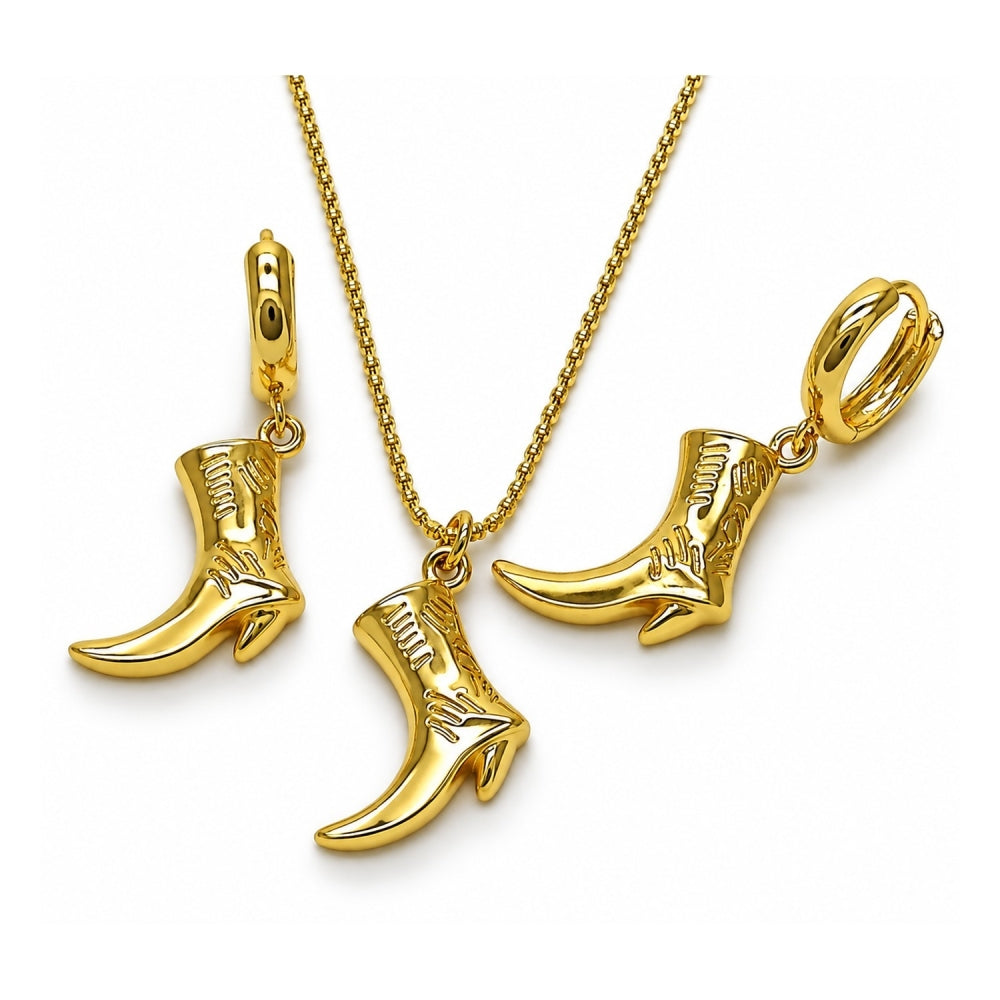 Oro Laminado Earring and Pendant Adult Set, Gold Filled Style Shoes Design, Polished, Golden Finish