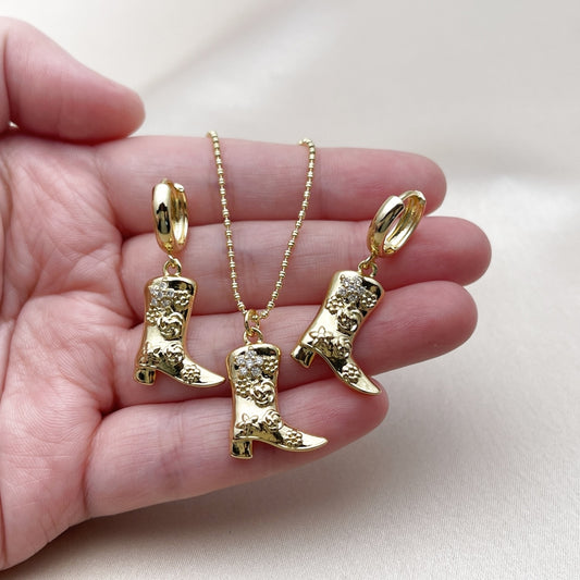 Oro Laminado Earring and Pendant Adult Set, Gold Filled Style Shoes and Flower Design, with White Cubic Zirconia, Polished, Golden Finish