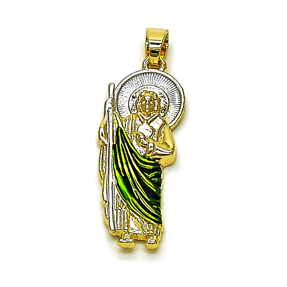 Oro Laminado Religious Pendant, Gold Filled Style San Judas Design, Polished, Tricolor
