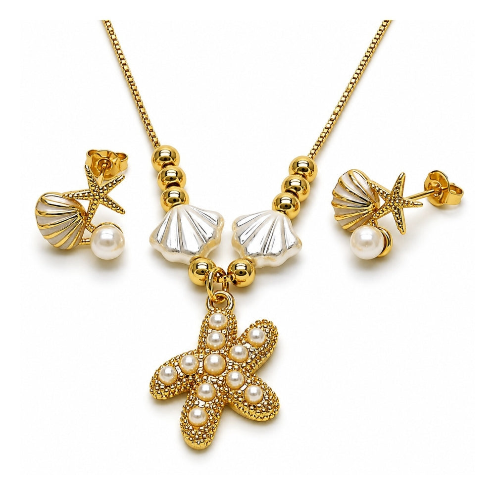 Oro Laminado Earring and Pendant Adult Set, Gold Filled Style Shell and Star Design, with Ivory Pearl, White Enamel Finish, Golden Finish