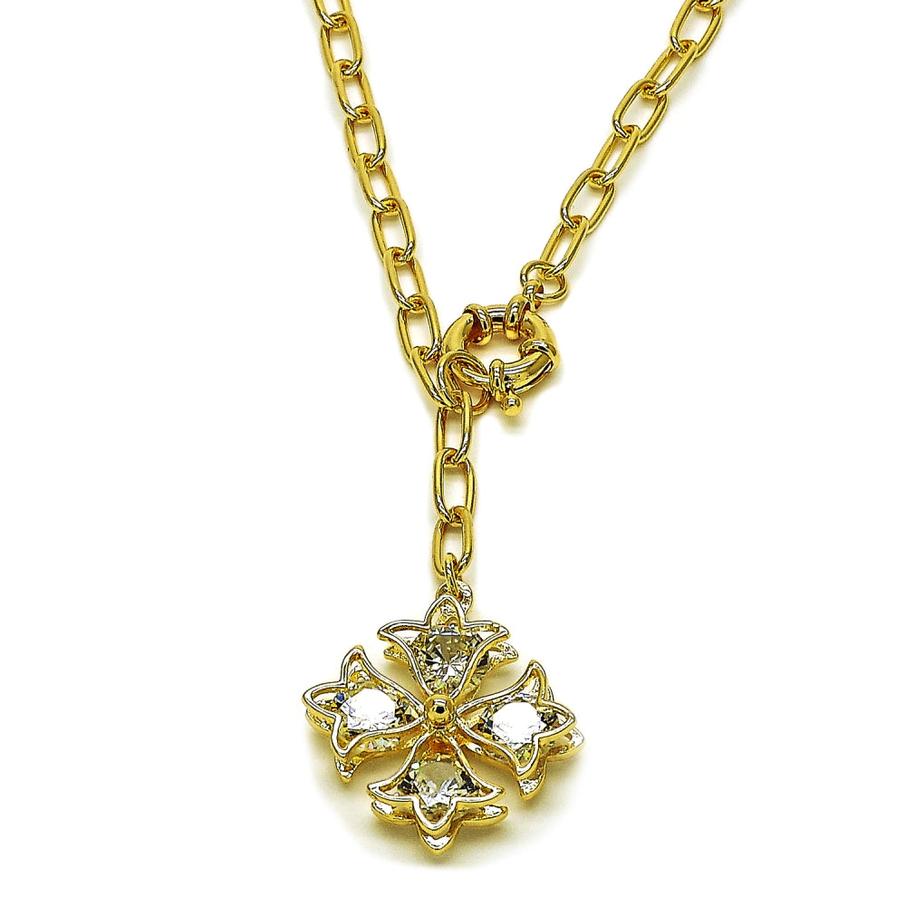 Oro Laminado Pendant Necklace, Gold Filled Style Four-leaf Clover and Flower Design, with White Crystal, Polished, Golden Finish