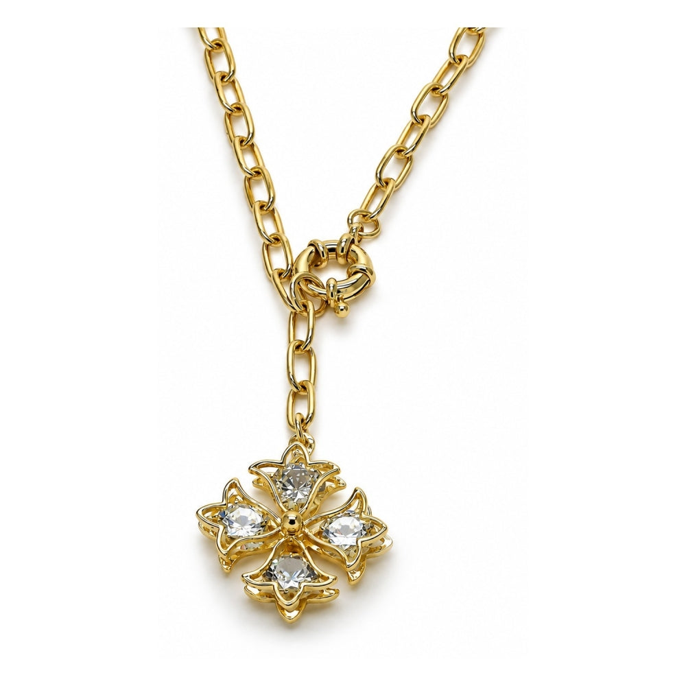Oro Laminado Pendant Necklace, Gold Filled Style Four-leaf Clover and Flower Design, with White Crystal, Polished, Golden Finish