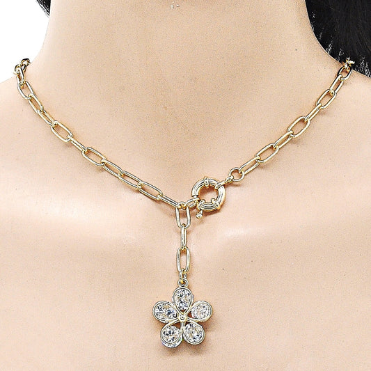 Oro Laminado Fancy Necklace, Gold Filled Style Flower Design, with White Cubic Zirconia, Polished, Golden Finish