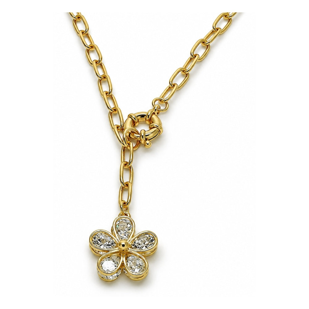 Oro Laminado Fancy Necklace, Gold Filled Style Flower Design, with White Cubic Zirconia, Polished, Golden Finish