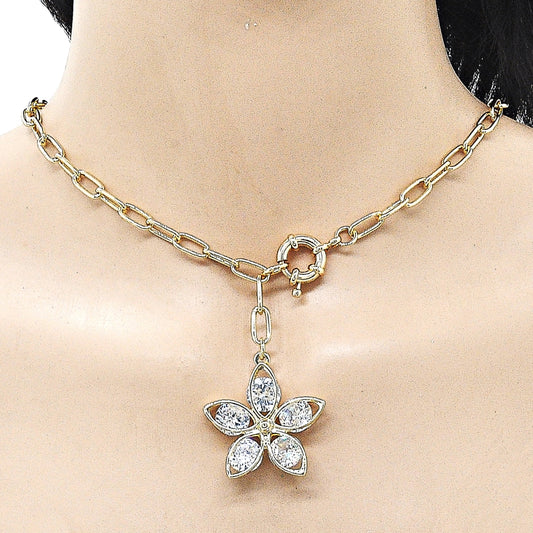 Oro Laminado Fancy Necklace, Gold Filled Style Flower Design, with White Cubic Zirconia, Polished, Golden Finish