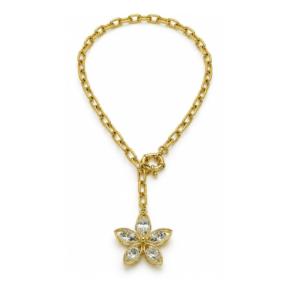 Oro Laminado Fancy Necklace, Gold Filled Style Flower Design, with White Cubic Zirconia, Polished, Golden Finish