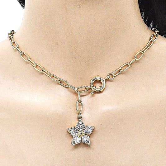 Oro Laminado Fancy Necklace, Gold Filled Style Flower and Rolo Design, with White Cubic Zirconia, Polished, Golden Finish