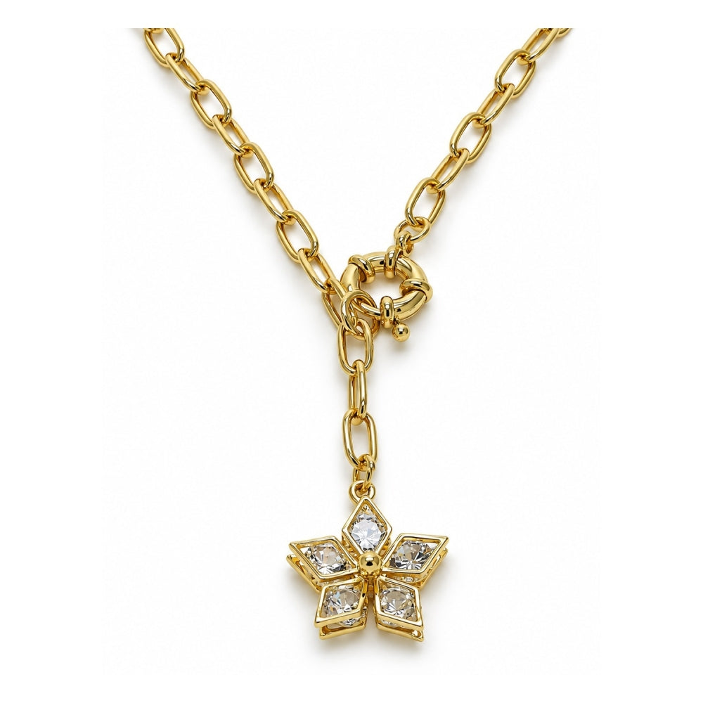 Oro Laminado Fancy Necklace, Gold Filled Style Flower and Rolo Design, with White Cubic Zirconia, Polished, Golden Finish