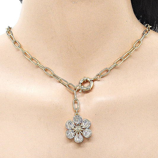 Oro Laminado Fancy Necklace, Gold Filled Style Flower and Rolo Design, with White Cubic Zirconia, Polished, Golden Finish