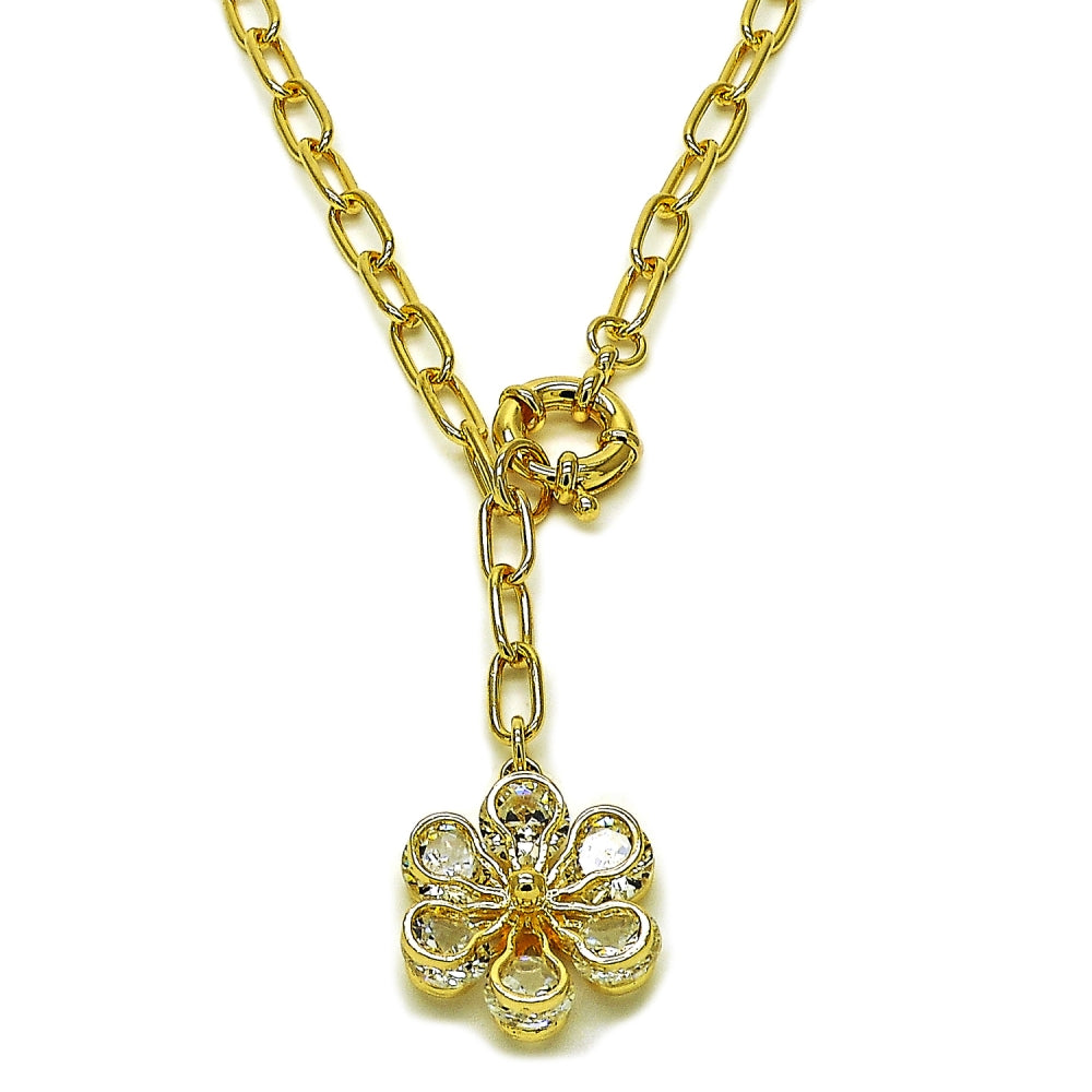 Oro Laminado Fancy Necklace, Gold Filled Style Flower and Rolo Design, with White Cubic Zirconia, Polished, Golden Finish
