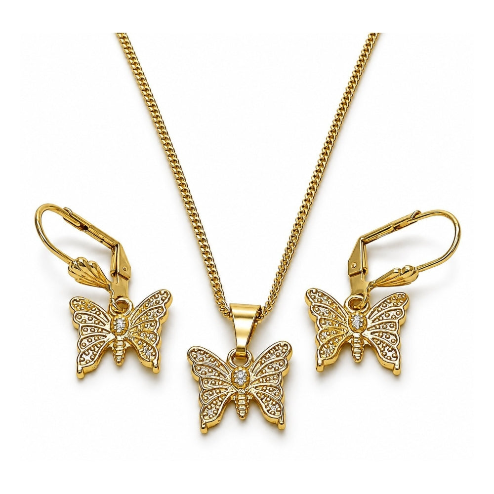 Oro Laminado Earring and Pendant Adult Set, Gold Filled Style Butterfly Design, Polished, Golden Finish