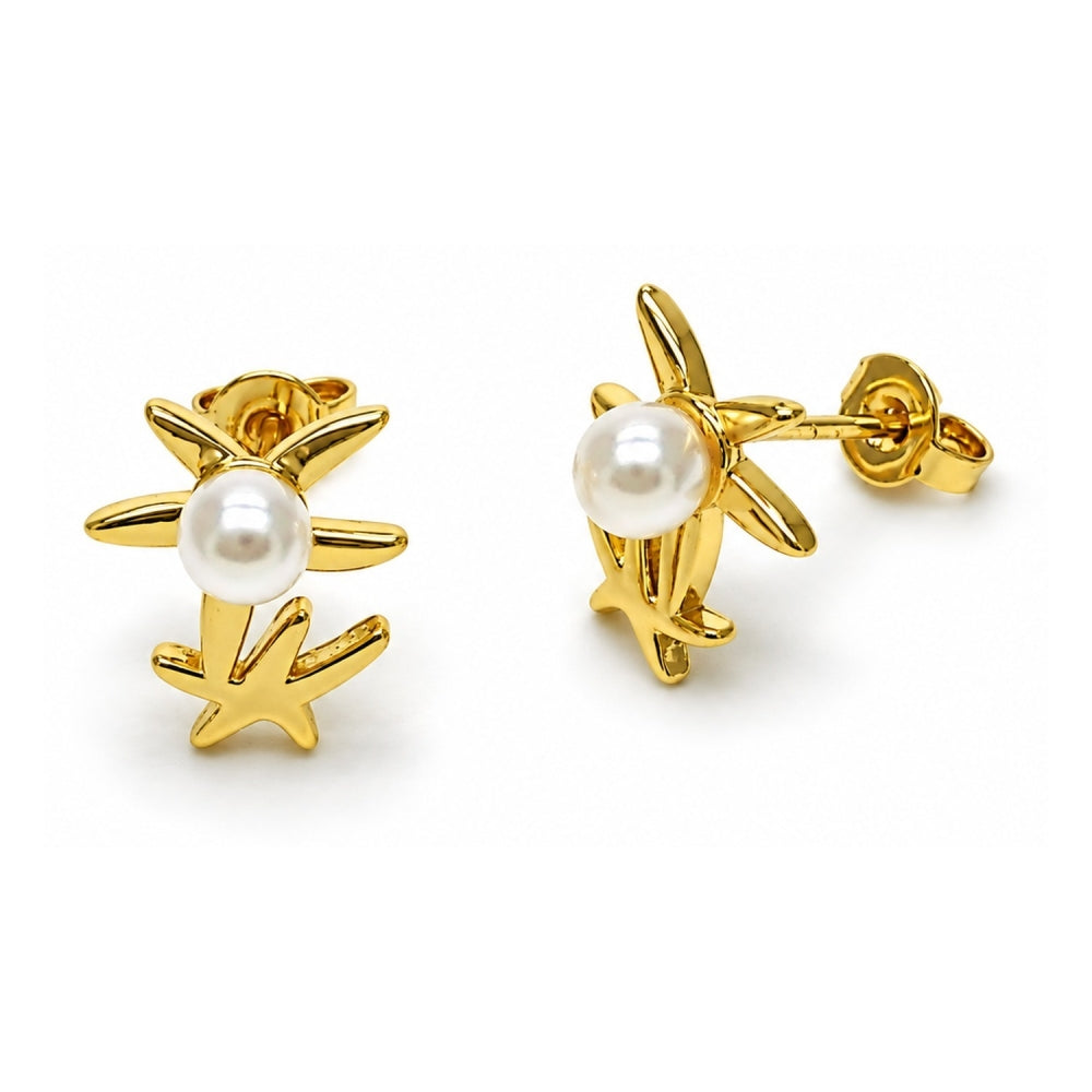 Oro Laminado Stud Earring, Gold Filled Style Star Design, with Ivory Pearl, Polished, Golden Finish
