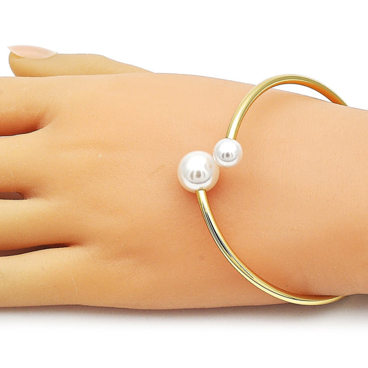 Oro Laminado Individual Bangle, Gold Filled Style Ball Design, with Ivory Pearl, Polished, Golden Finish