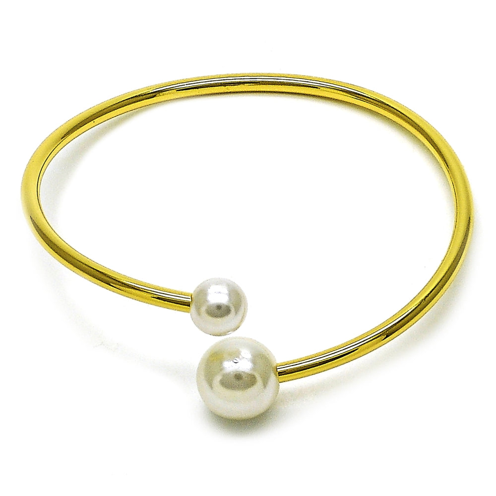 Oro Laminado Individual Bangle, Gold Filled Style Ball Design, with Ivory Pearl, Polished, Golden Finish