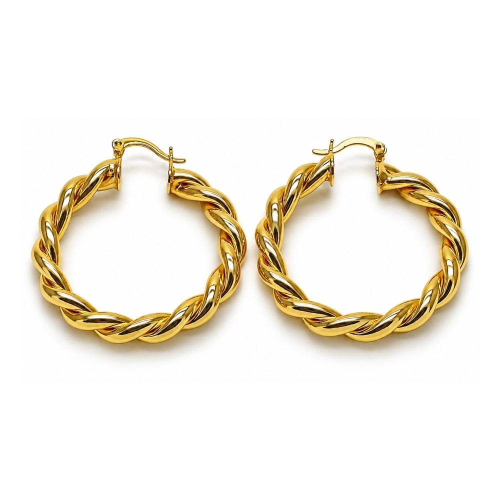 Oro Laminado Medium Hoop, Gold Filled Style Twist and Hollow Design, Polished, Golden Finish