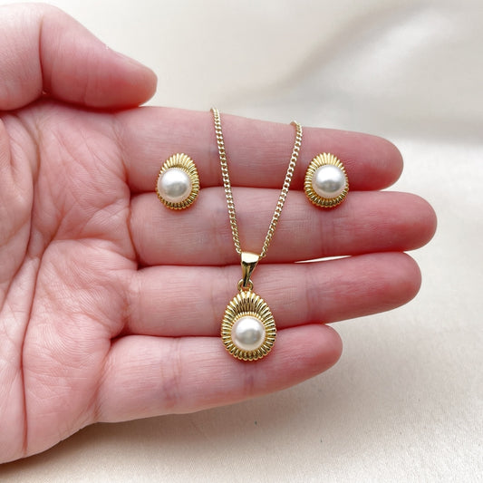 Oro Laminado Earring and Pendant Adult Set, Gold Filled Style Teardrop Design, with Ivory Pearl, Polished, Golden Finish