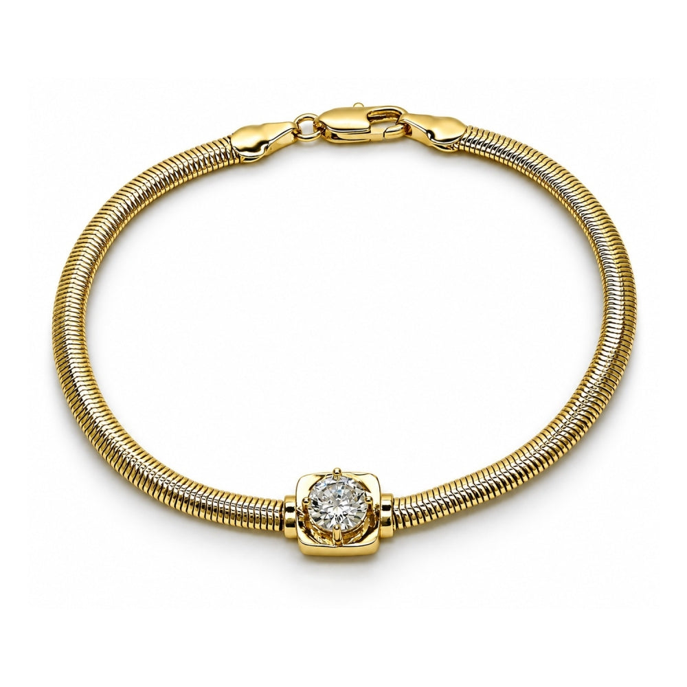 Oro Laminado Fancy Bracelet, Gold Filled Style Rat Tail Design, with White Cubic Zirconia, Polished, Golden Finish