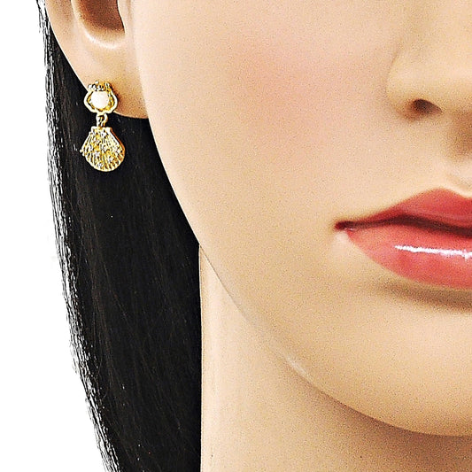 Oro Laminado Dangle Earring, Gold Filled Style Shell Design, with White Platina Opal, Diamond Cutting Finish, Golden Finish