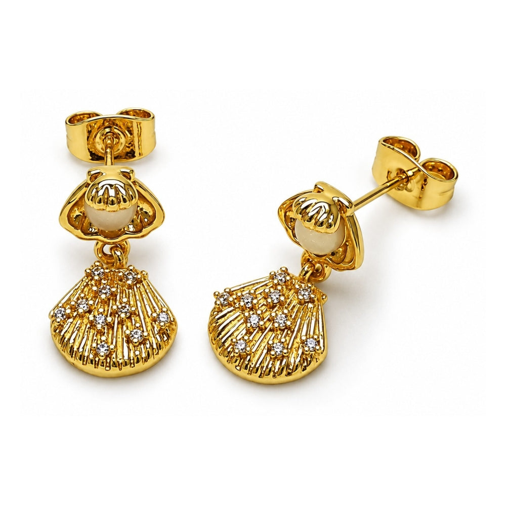 Oro Laminado Dangle Earring, Gold Filled Style Shell Design, with White Platina Opal, Diamond Cutting Finish, Golden Finish