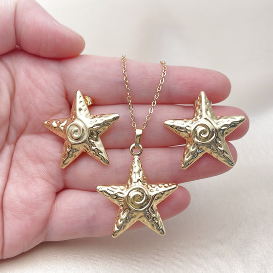 Oro Laminado Earring and Pendant Adult Set, Gold Filled Style Star and Snail Design, Polished, Golden Finish