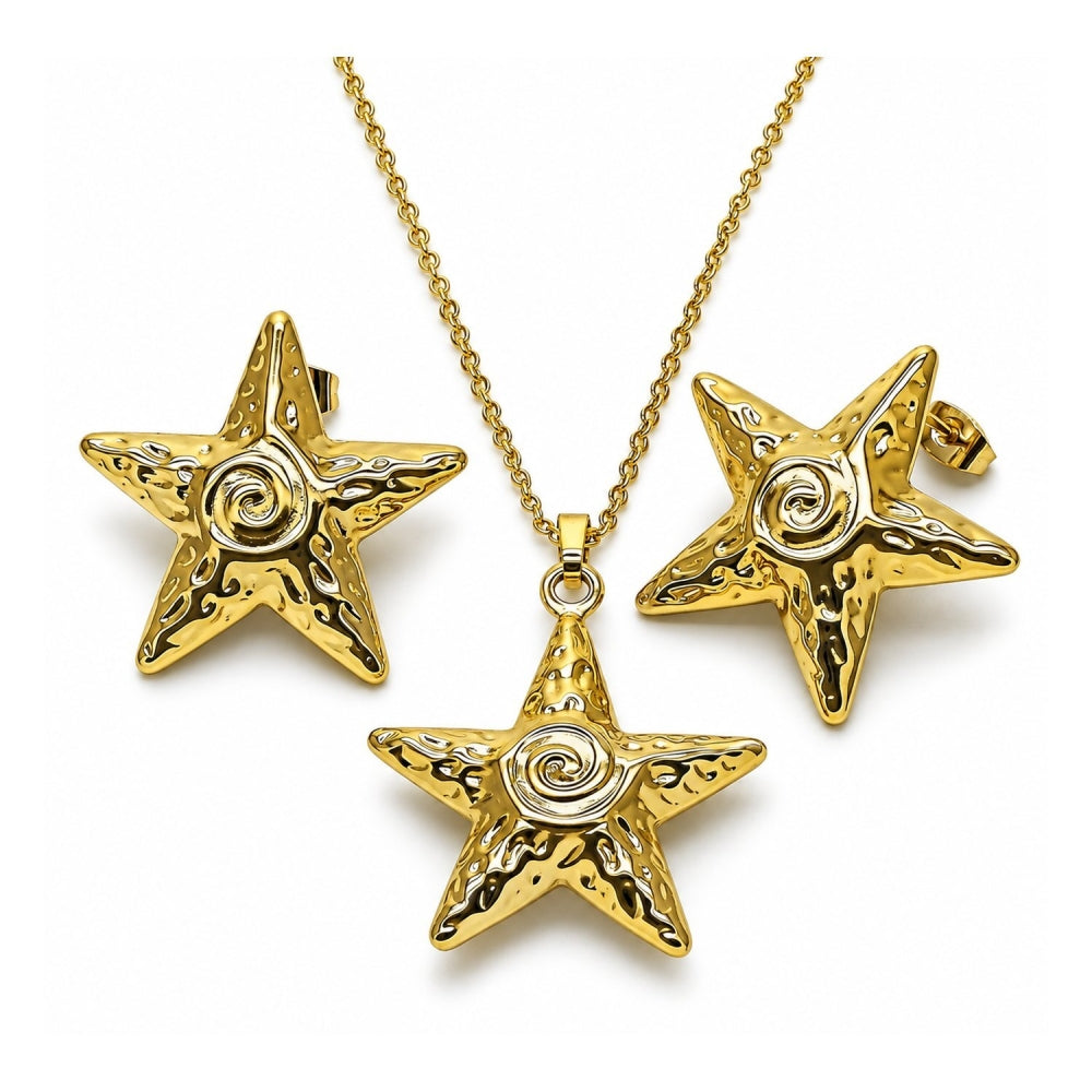 Oro Laminado Earring and Pendant Adult Set, Gold Filled Style Star and Snail Design, Polished, Golden Finish