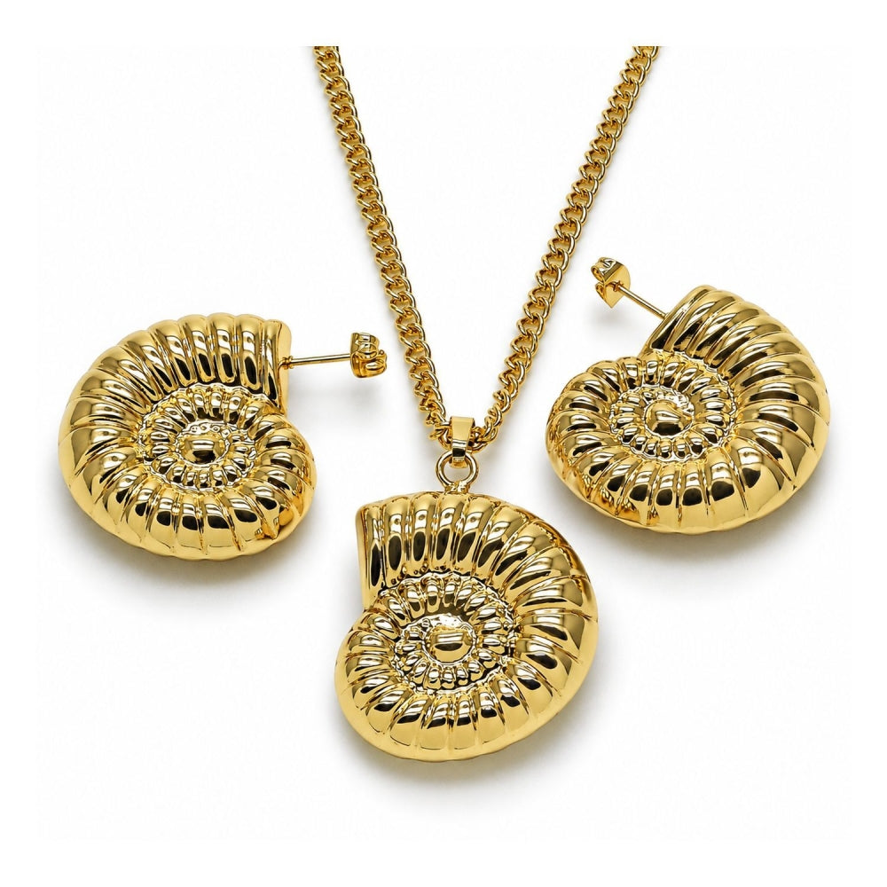 Oro Laminado Earring and Pendant Adult Set, Gold Filled Style Snail and Hollow Design, Polished, Golden Finish