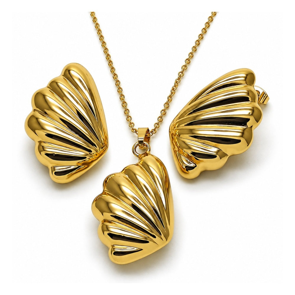 Oro Laminado Earring and Pendant Adult Set, Gold Filled Style Shell and Hollow Design, Polished, Golden Finish