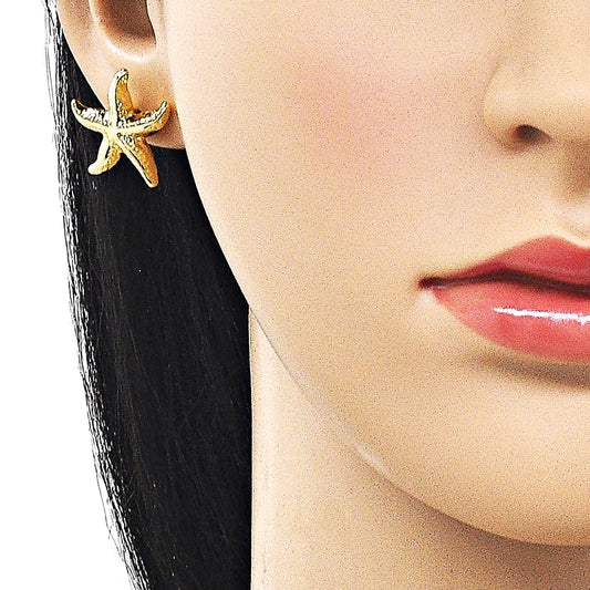 Oro Laminado Stud Earring, Gold Filled Style Star and Hollow Design, Diamond Cutting Finish, Golden Finish