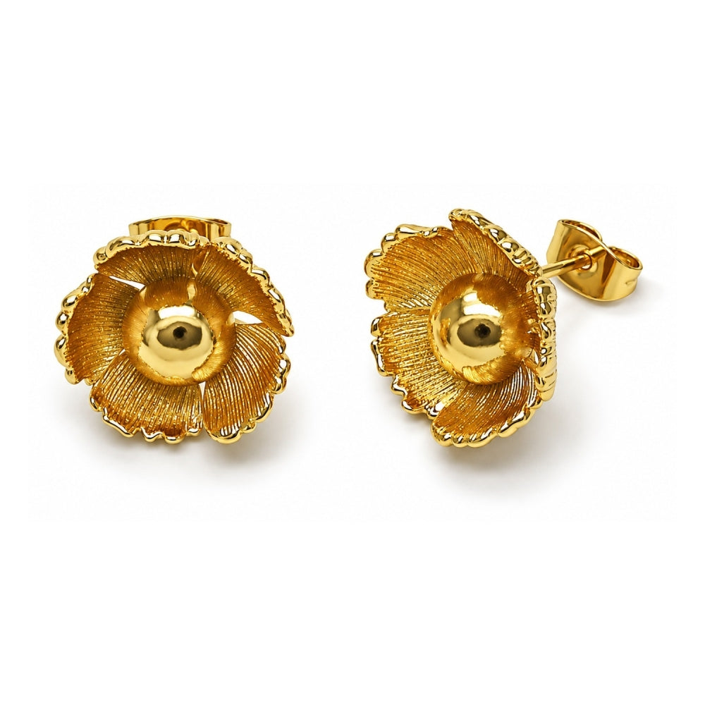 Oro Laminado Stud Earring, Gold Filled Style Flower Design, Diamond Cutting Finish, Golden Finish