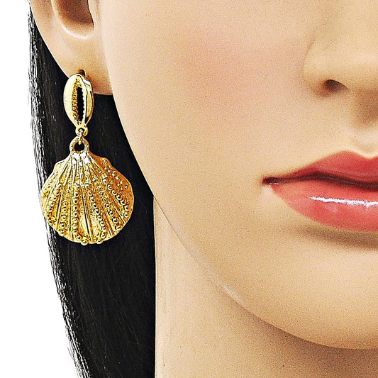 Oro Laminado Dangle Earring, Gold Filled Style Shell Design, Polished, Golden Finish