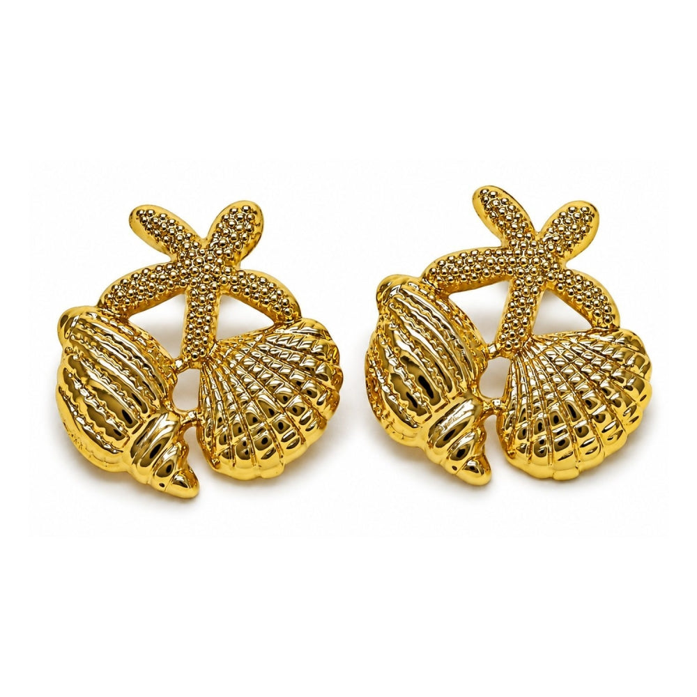 Oro Laminado Stud Earring, Gold Filled Style Star and Shell Design, Polished, Golden Finish