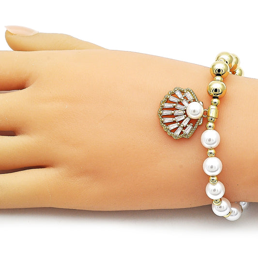 Oro Laminado Fancy Bracelet, Gold Filled Style Expandable Bead and Shell Design, with White Cubic Zirconia and Ivory Pearl, Polished, Golden Finish