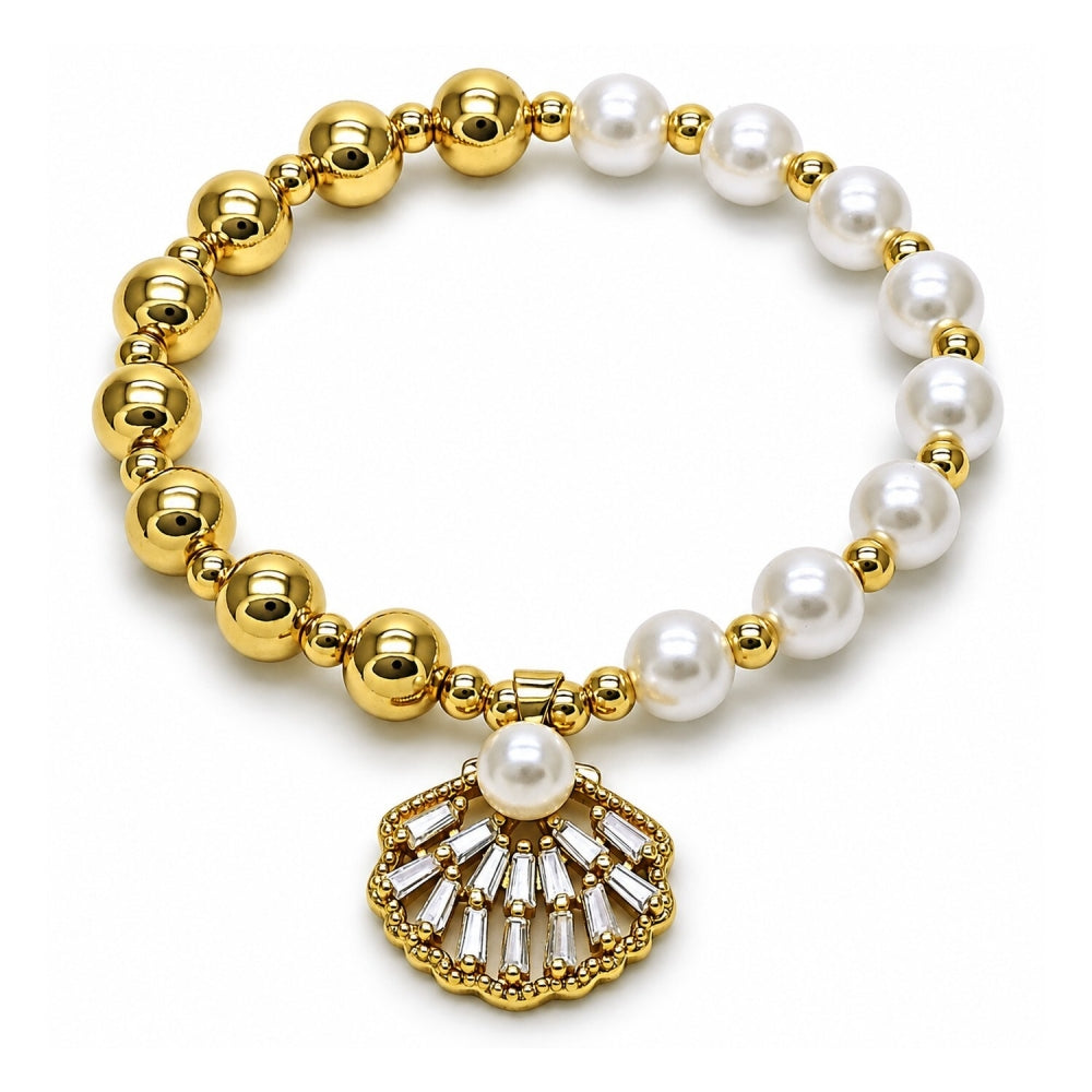 Oro Laminado Fancy Bracelet, Gold Filled Style Expandable Bead and Shell Design, with White Cubic Zirconia and Ivory Pearl, Polished, Golden Finish