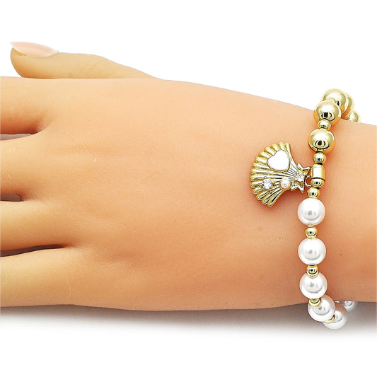 Oro Laminado Fancy Bracelet, Gold Filled Style Expandable Bead and Shell Design, with Ivory Pearl and White Cubic Zirconia, White Enamel Finish, Golden Finish