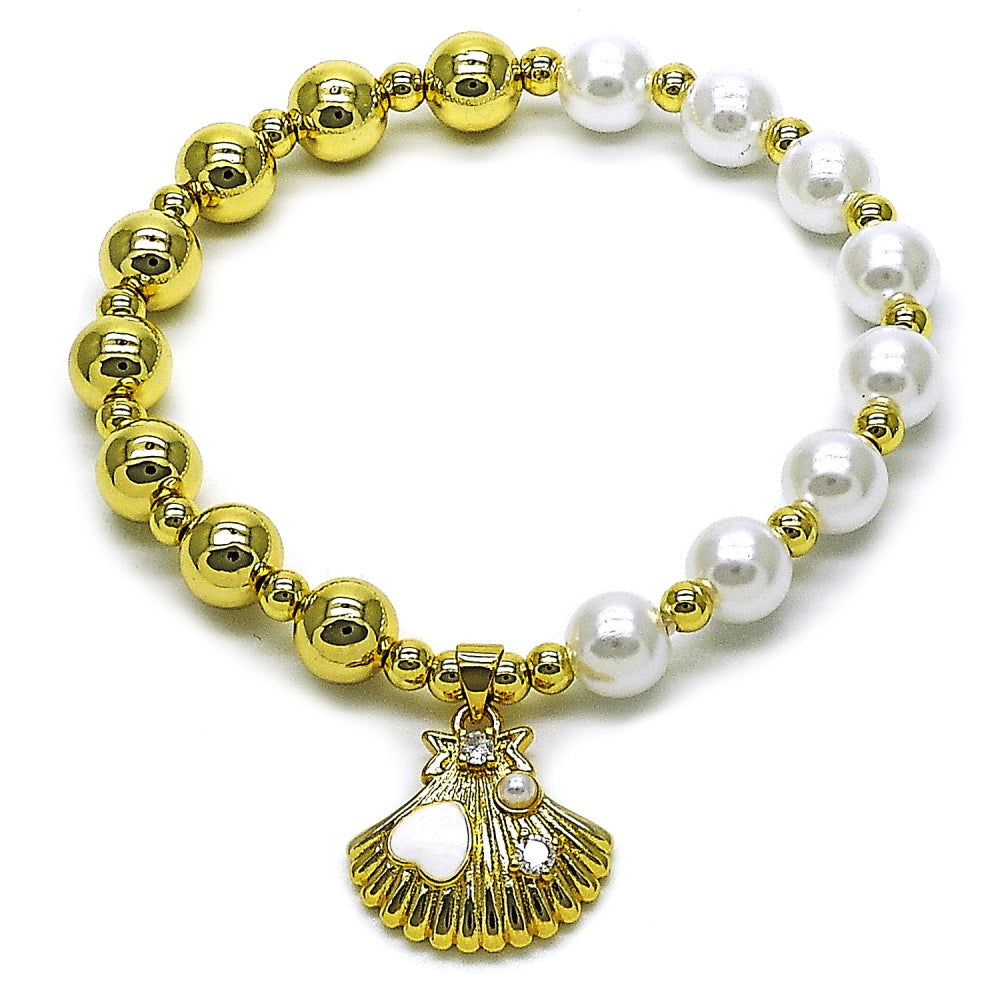 Oro Laminado Fancy Bracelet, Gold Filled Style Expandable Bead and Shell Design, with Ivory Pearl and White Cubic Zirconia, White Enamel Finish, Golden Finish
