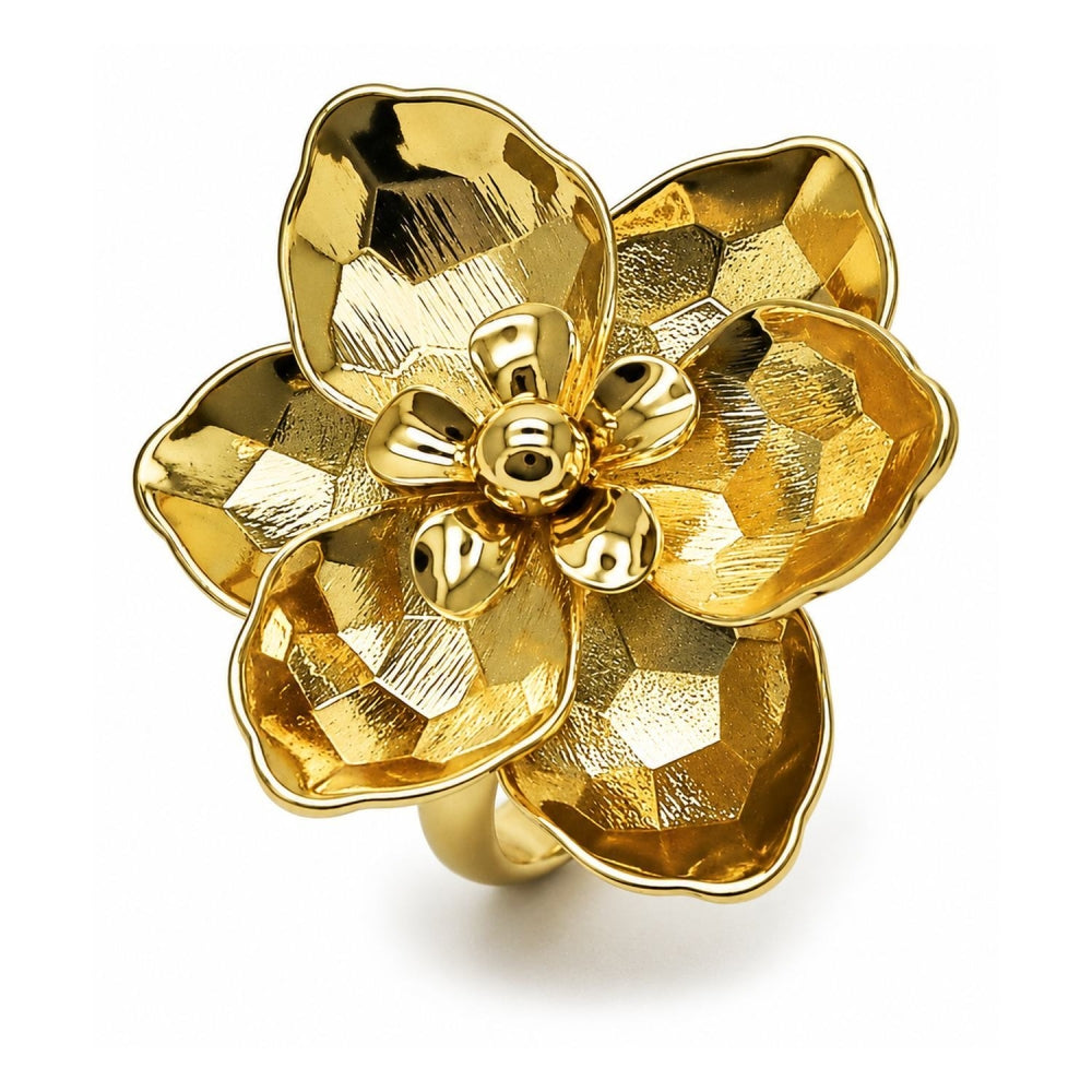 Oro Laminado Elegant Ring, Gold Filled Style Flower Design, Diamond Cutting Finish, Golden Finish