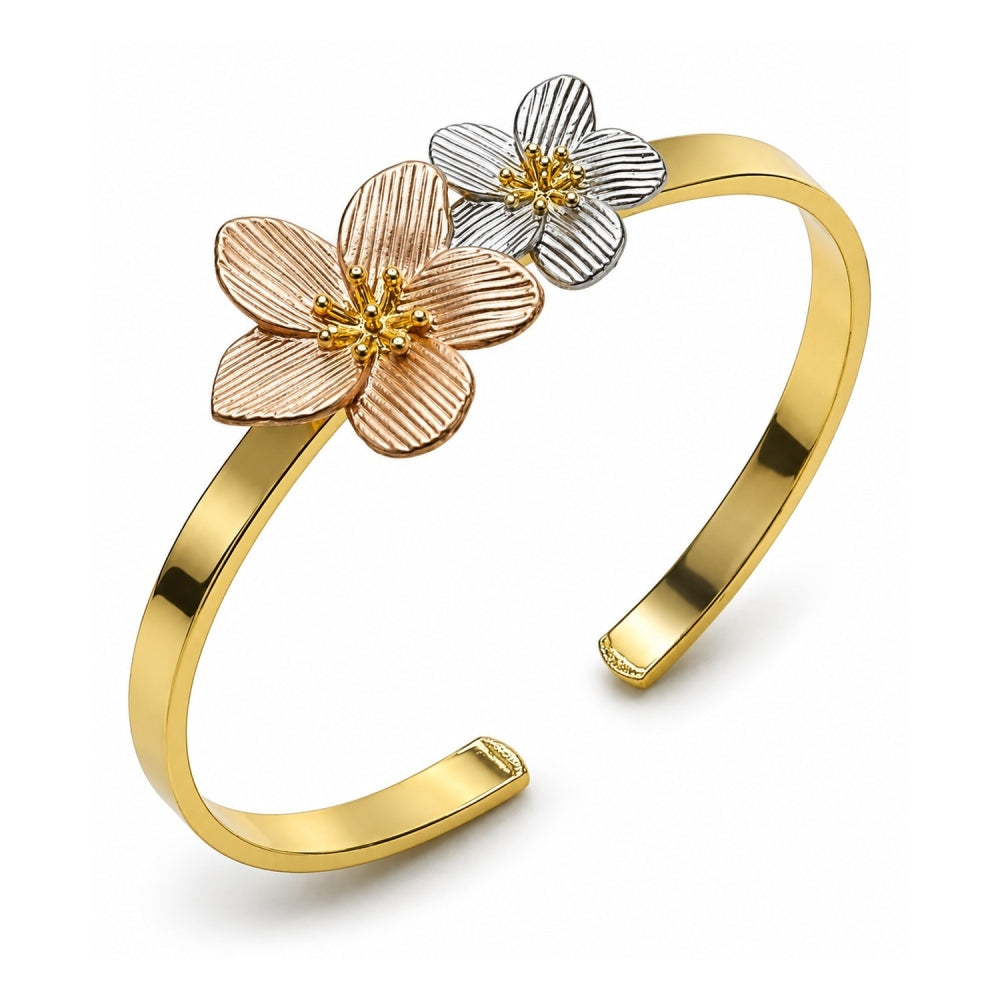Oro Laminado Individual Bangle, Gold Filled Style Flower Design, Diamond Cutting Finish, Tricolor