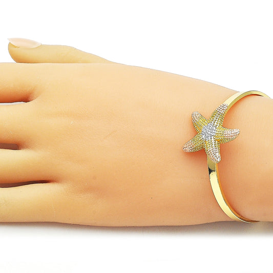 Oro Laminado Individual Bangle, Gold Filled Style Star Design, Matte Finish, Tricolor