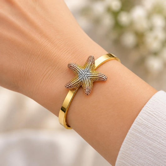 Oro Laminado Individual Bangle, Gold Filled Style Star Design, Matte Finish, Tricolor