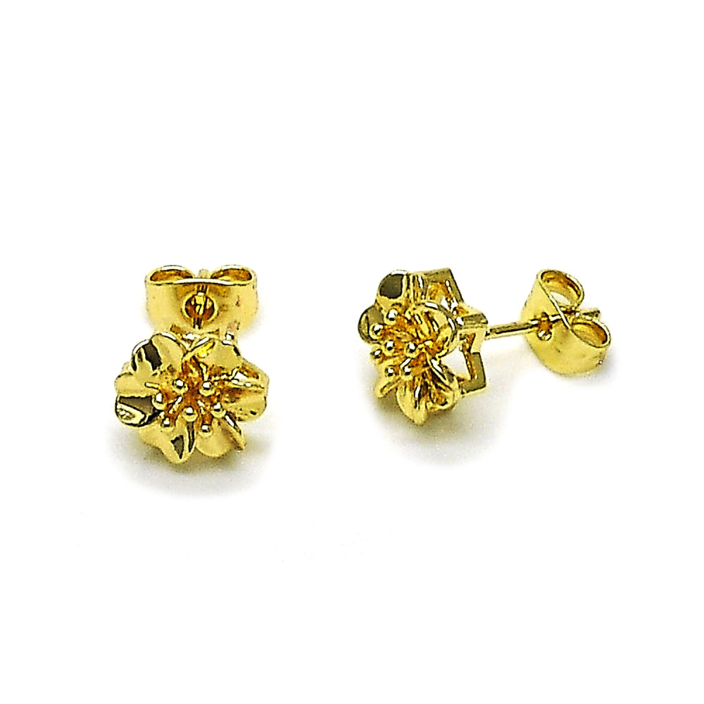 Oro Laminado Stud Earring, Gold Filled Style Flower Design, Polished, Golden Finish