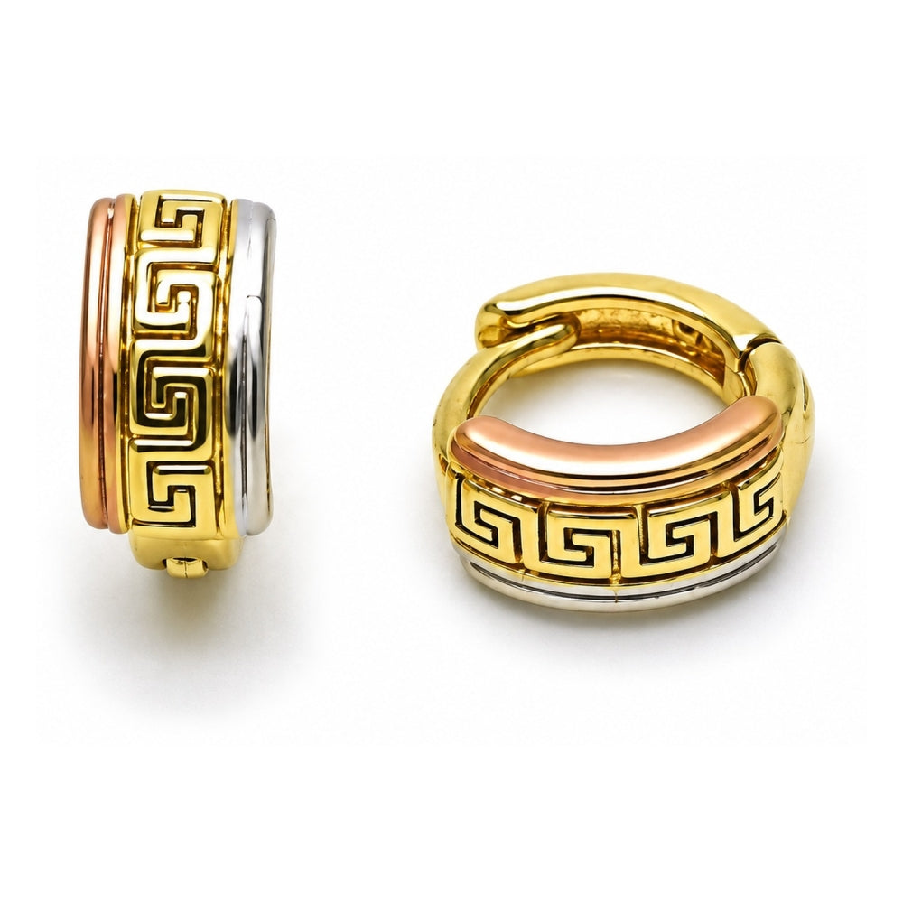 Oro Laminado Huggie Hoop, Gold Filled Style Greek Key Design, Polished, Tricolor