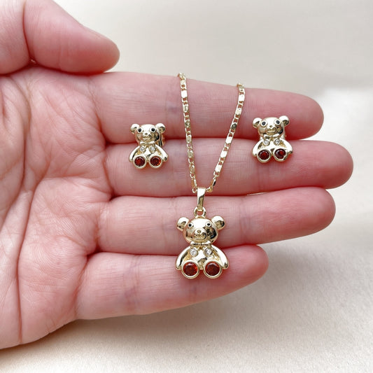 Oro Laminado Earring and Pendant Adult Set, Gold Filled Style Teddy Bear Design, with Garnet and White Cubic Zirconia, Polished, Golden Finish