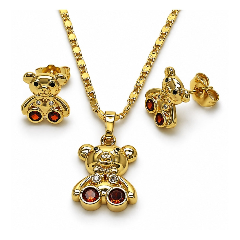 Oro Laminado Earring and Pendant Adult Set, Gold Filled Style Teddy Bear Design, with Garnet and White Cubic Zirconia, Polished, Golden Finish