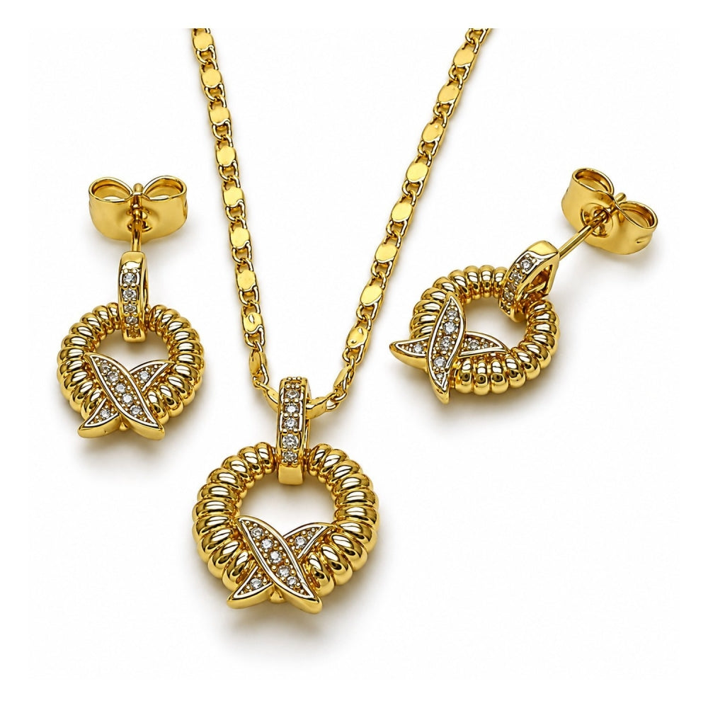 Oro Laminado Earring and Pendant Adult Set, Gold Filled Style Twist Design, with White Micro Pave, Polished, Golden Finish
