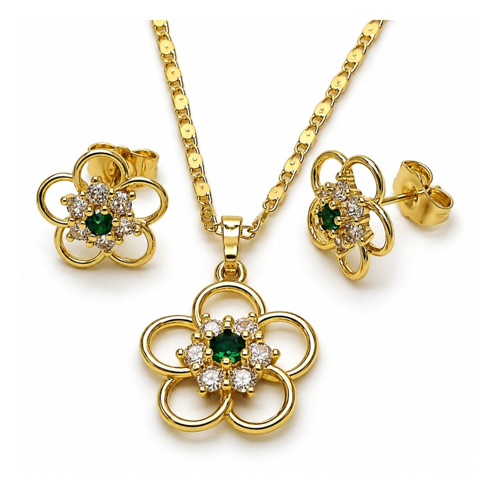 Oro Laminado Earring and Pendant Adult Set, Gold Filled Style Flower Design, with Green and White Cubic Zirconia, Polished, Golden Finish